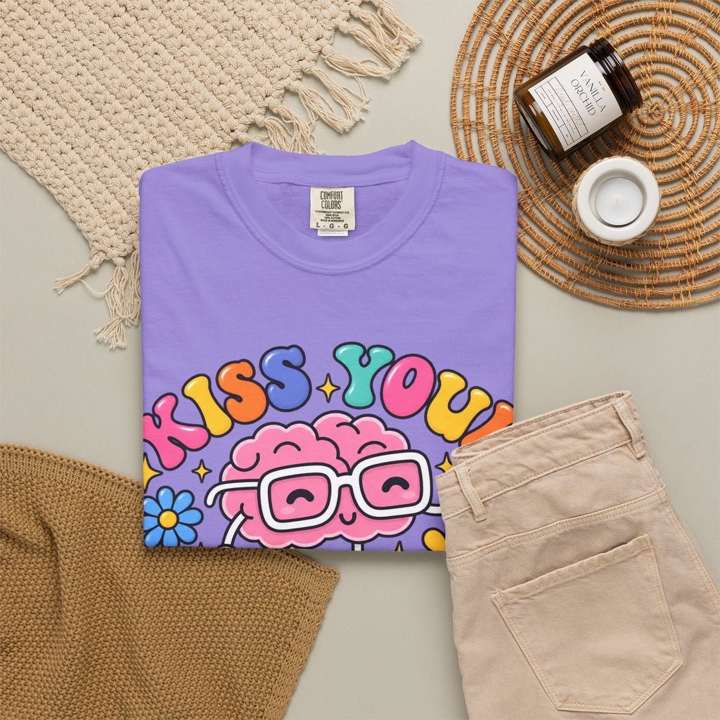 Kiss Your Brain BRI TEE | T-Shirt, Retro Cartoon Brain with Flowers
