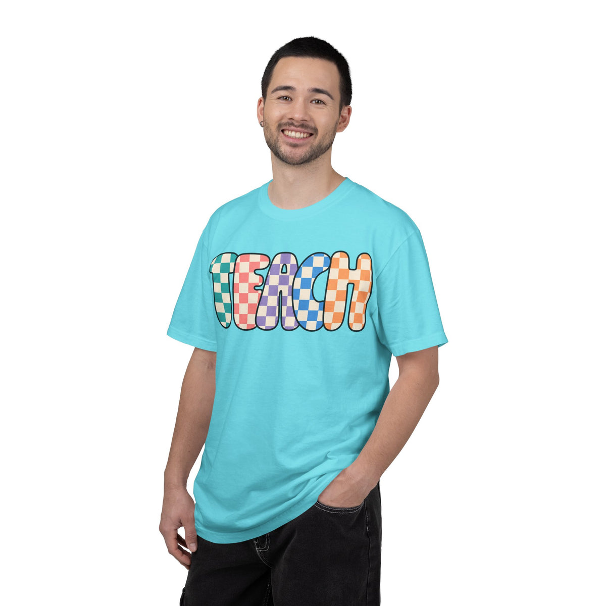 Teach Bubble Letters Checkerboard T-Shirt | Colorful Retro School Tee
