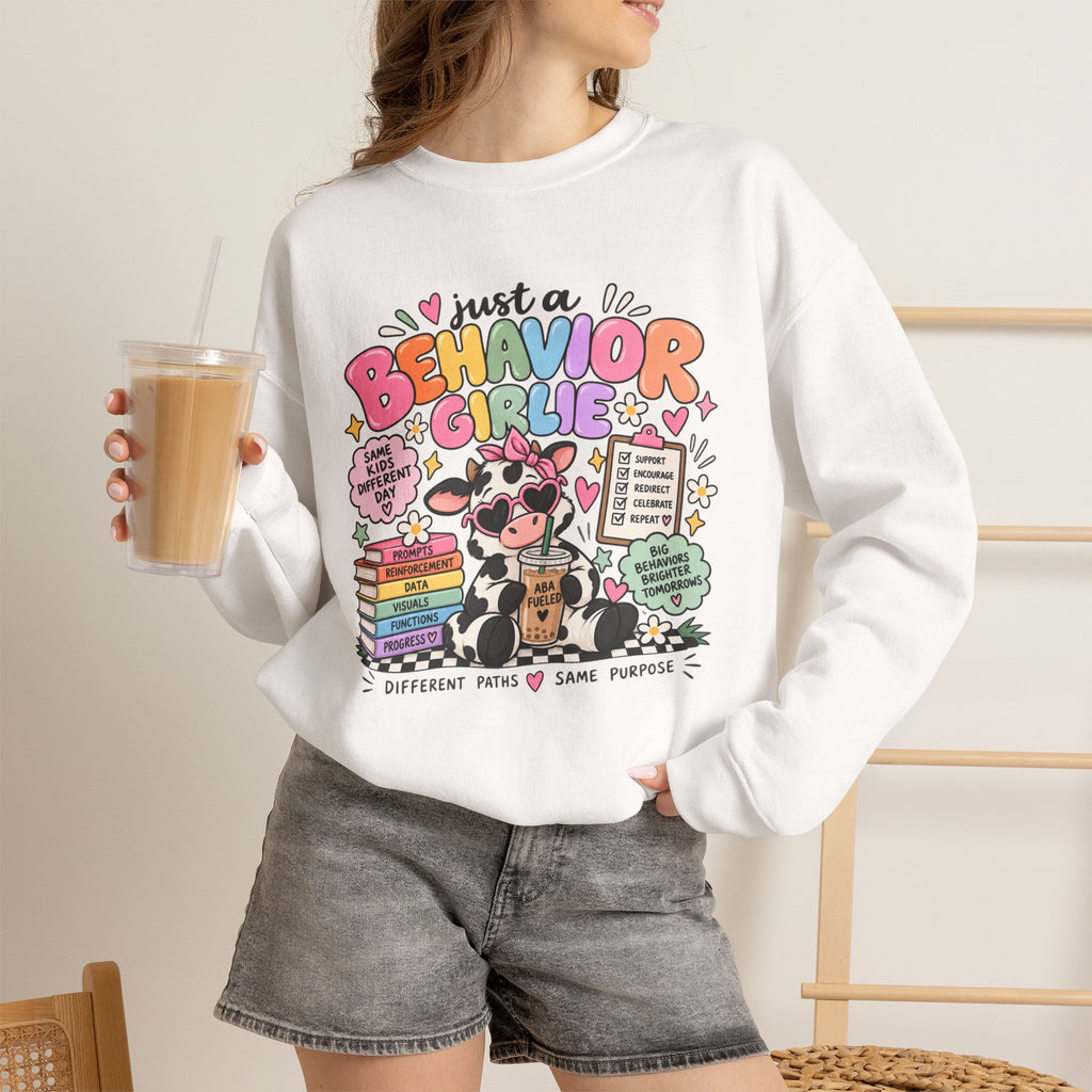 Just a Behavior Girl Crewneck Sweatshirt | Cute Cow Character, Books & Therapy Icons
