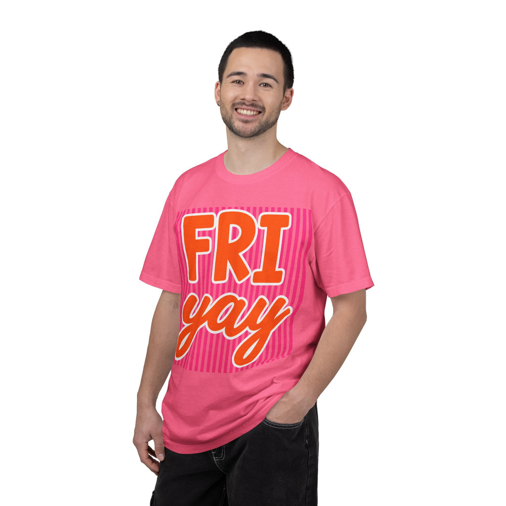 FRI yay T-shirt | Bright Retro Text, Pink Stripes