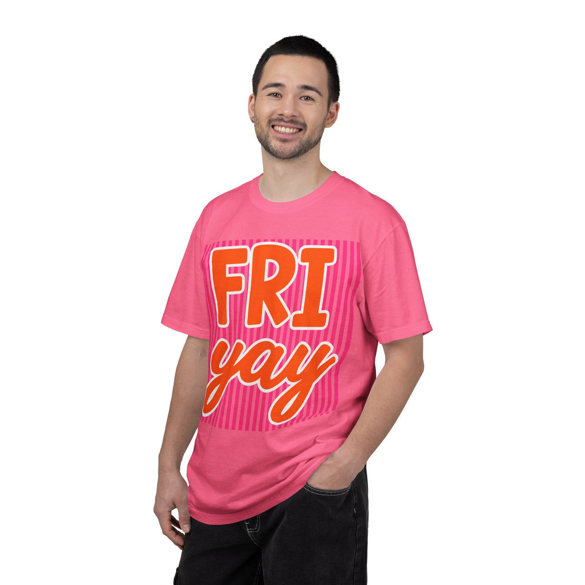 FRI yay T-shirt | Bright Retro Text, Pink Stripes