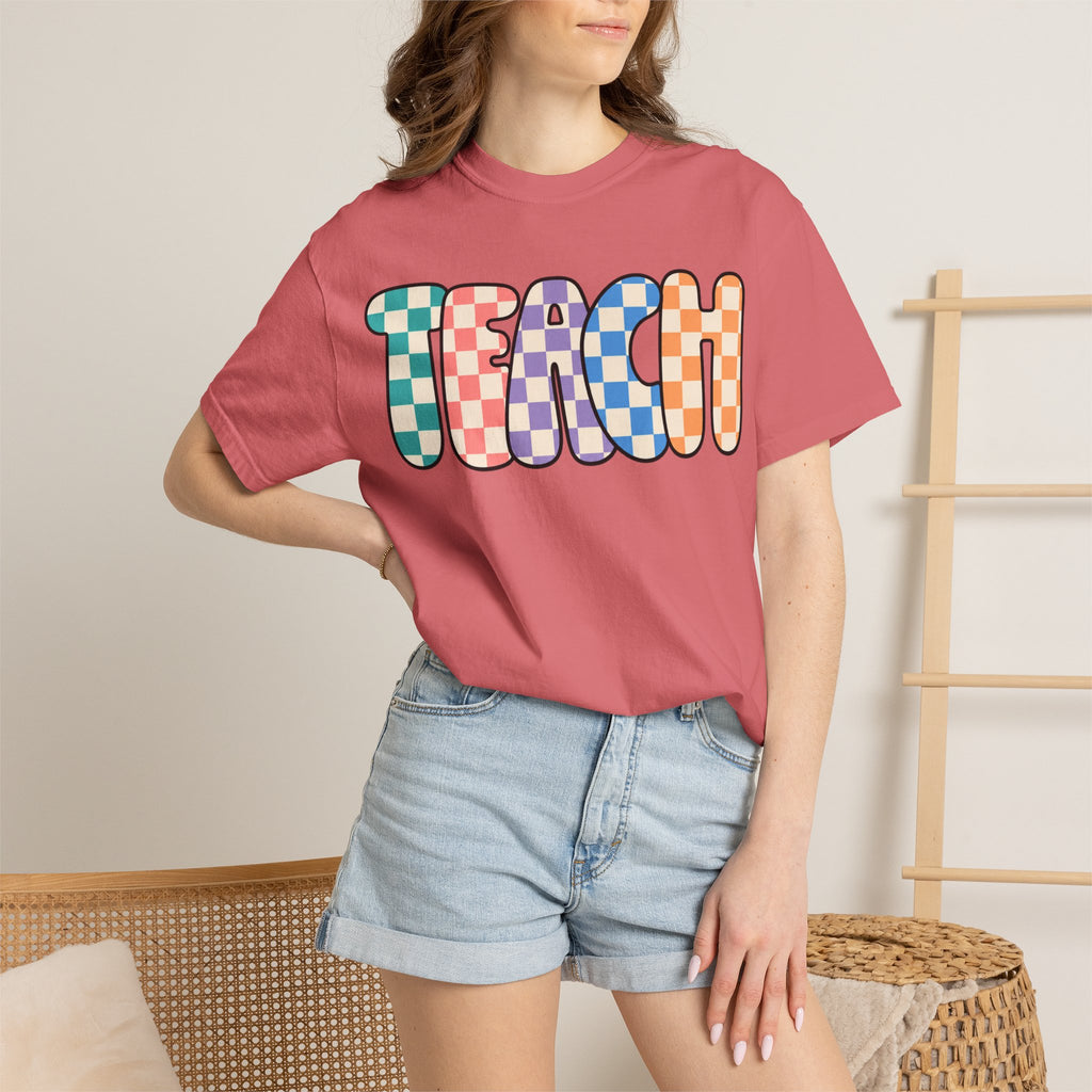 Teach Bubble Letters Checkerboard T-Shirt | Colorful Retro School Tee
