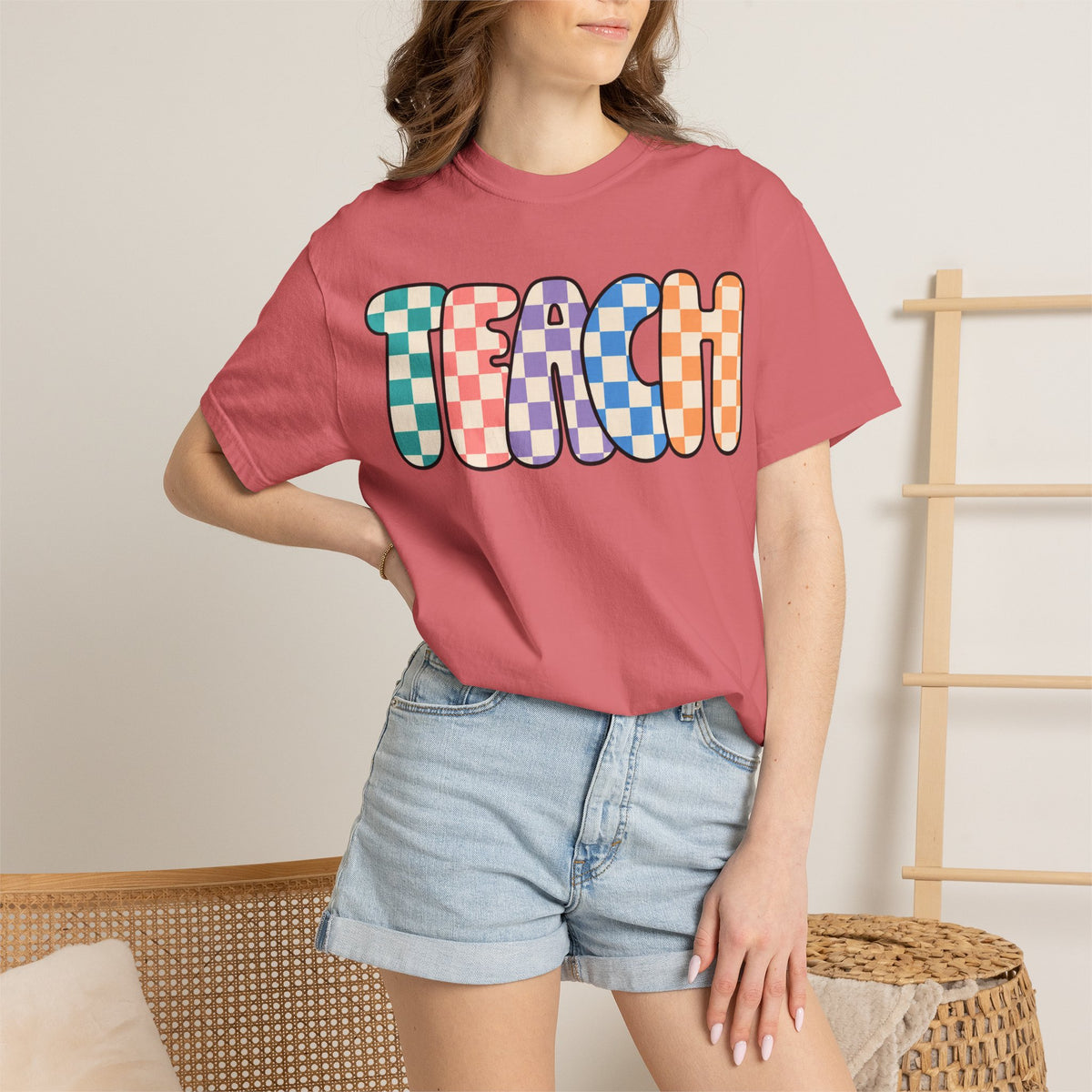 Teach Bubble Letters Checkerboard T-Shirt | Colorful Retro School Tee