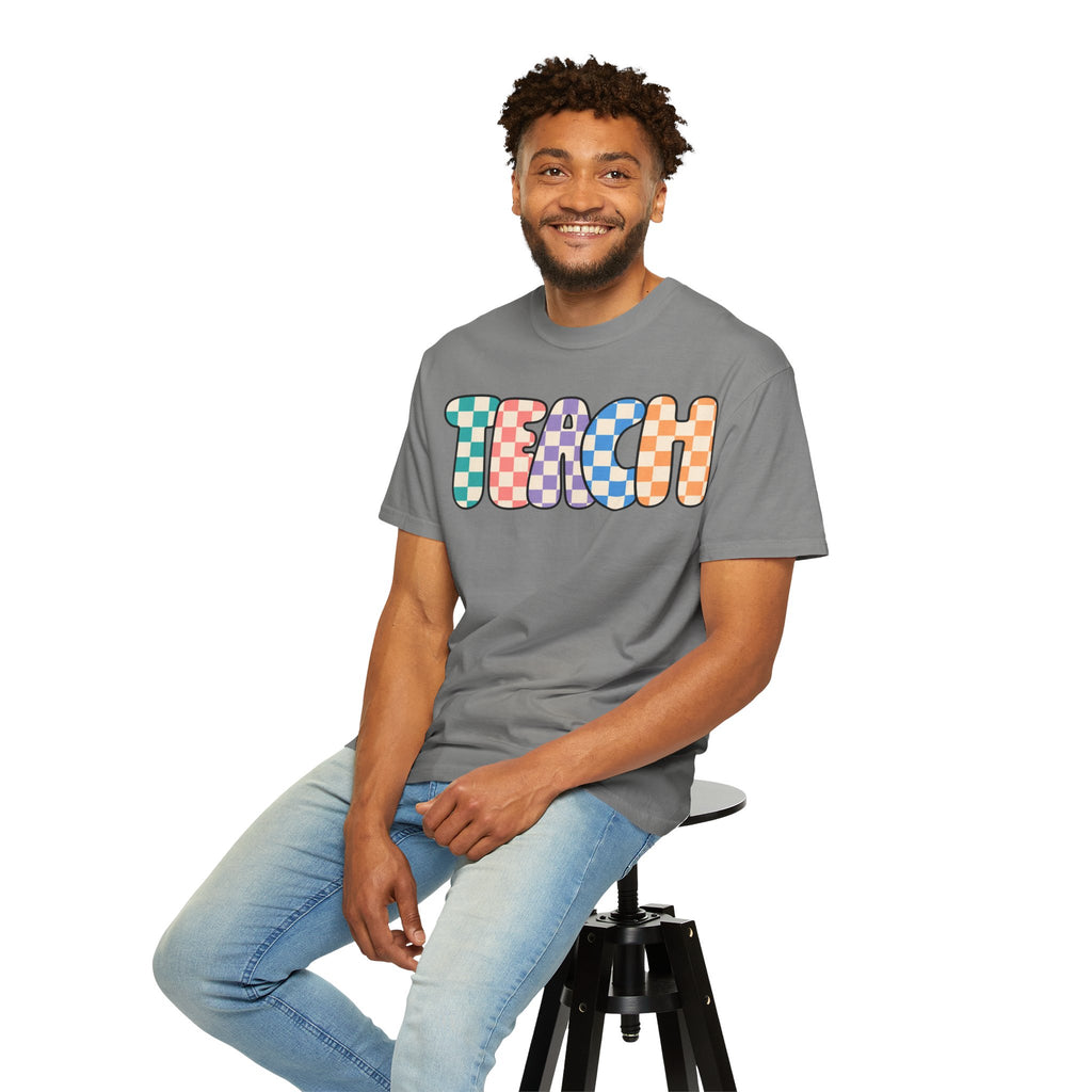 Teach Bubble Letters Checkerboard T-Shirt | Colorful Retro School Tee