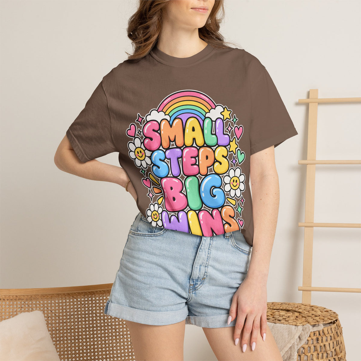 Small Steps Big Wins T-shirt | Retro Rainbow Positive Graphic