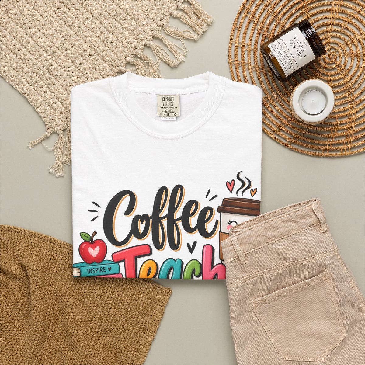 Coffee Teach Repeat T-shirt | Teacher Coffee Book Stack Pencil Mug Design