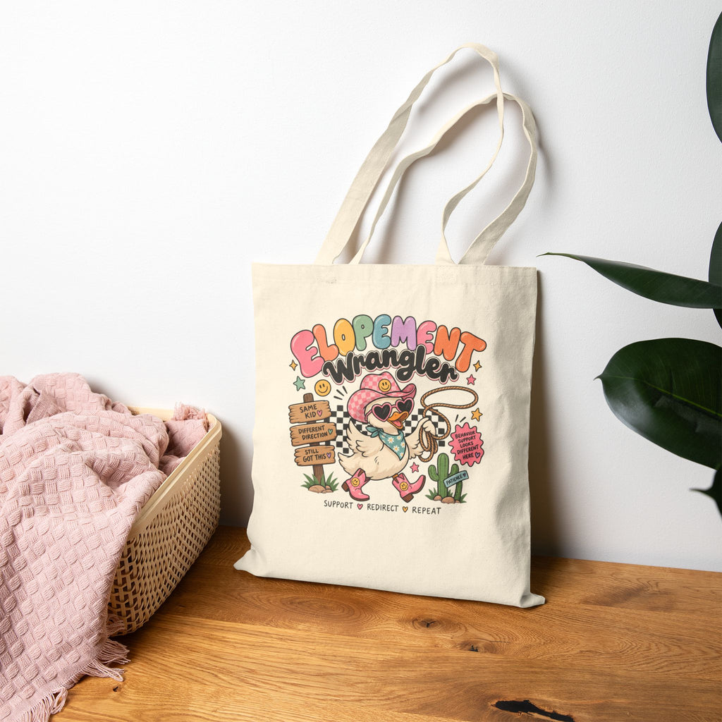 Elopement Tote Bag | Cute Western Pug Illustration, Canvas Grocery Tote