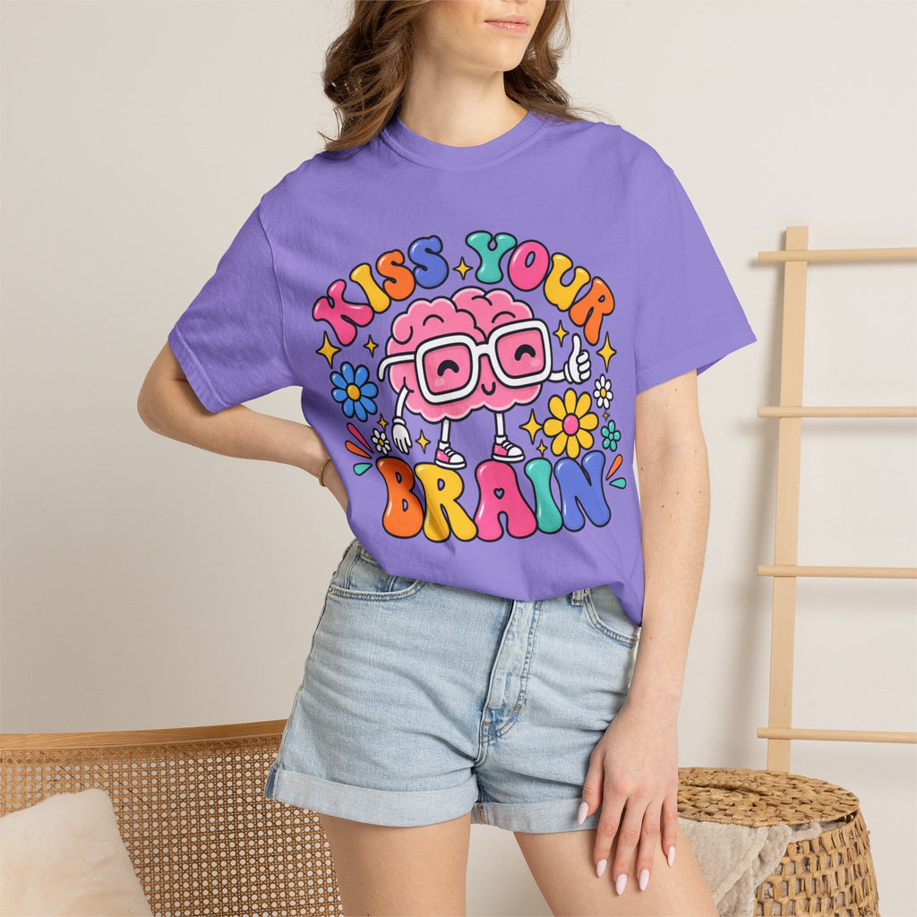 Kiss Your Brain BRI TEE | T-Shirt, Retro Cartoon Brain with Flowers