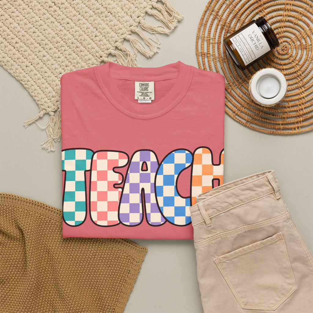 Teach Bubble Letters Checkerboard T-Shirt | Colorful Retro School Tee