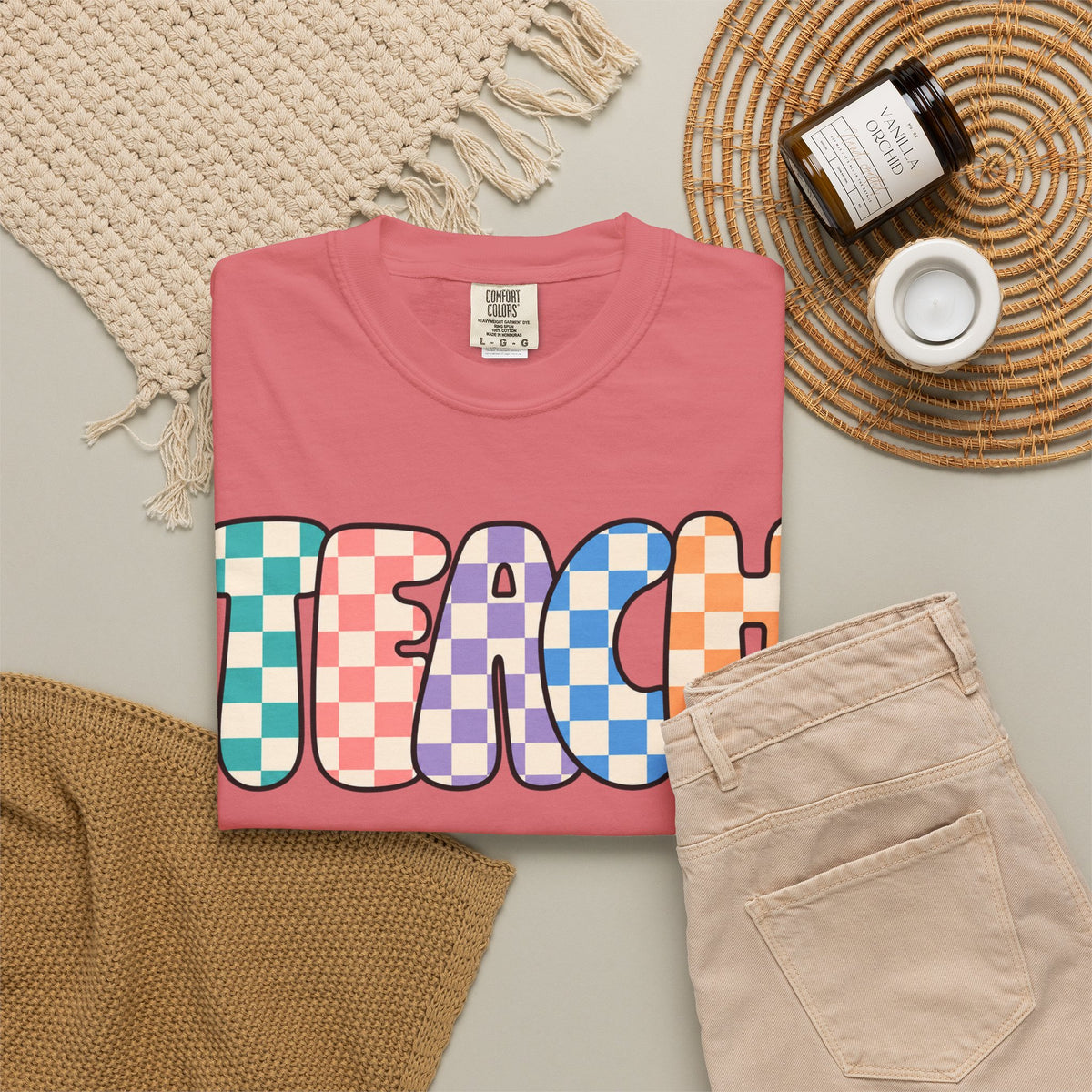 Teach Bubble Letters Checkerboard T-Shirt | Colorful Retro School Tee