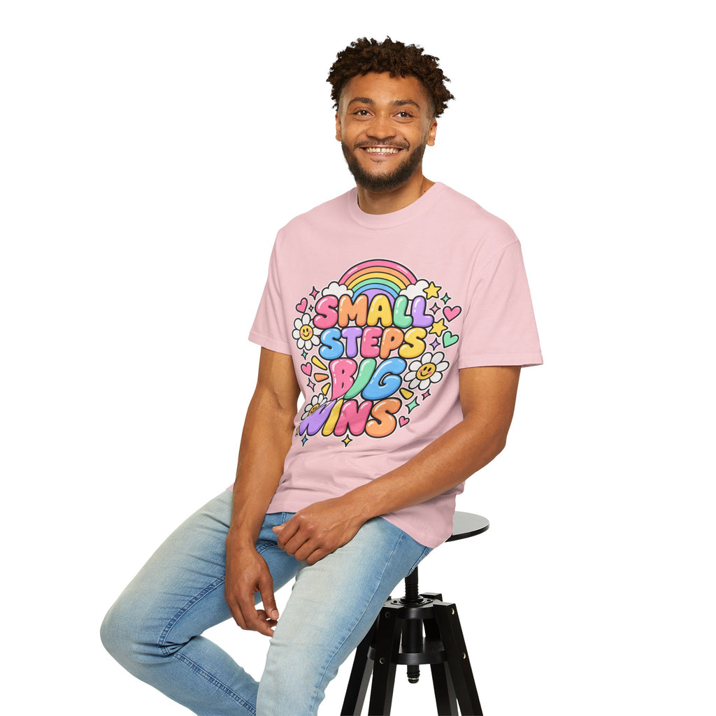 Small Steps Big Wins T-shirt | Retro Rainbow Positive Graphic
