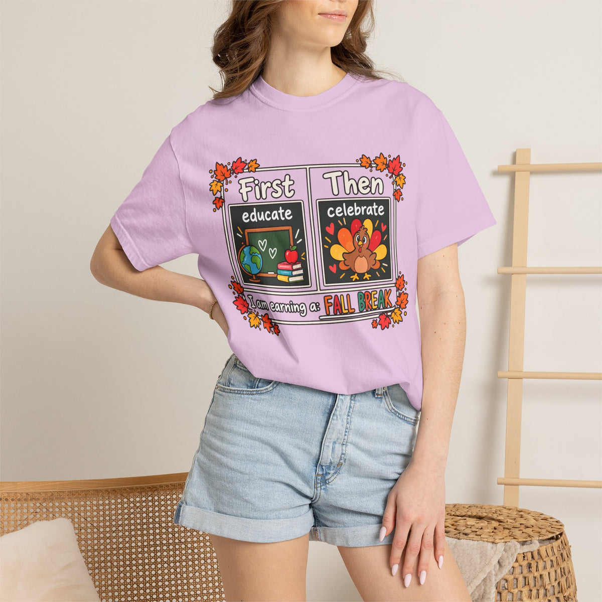 First Educate Then Celebrate fall break T-shirt | Teacher Autumn Design