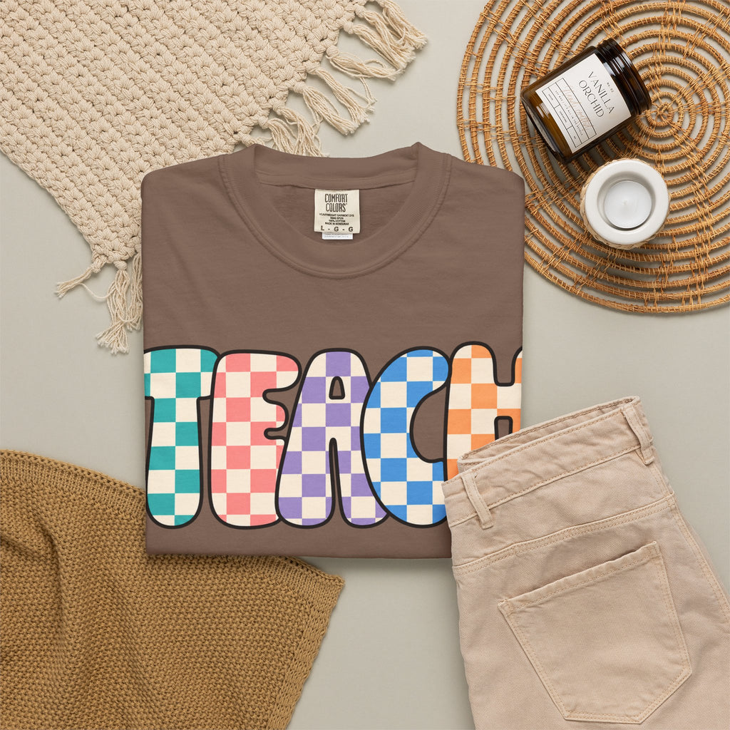 Teach Bubble Letters Checkerboard T-Shirt | Colorful Retro School Tee
