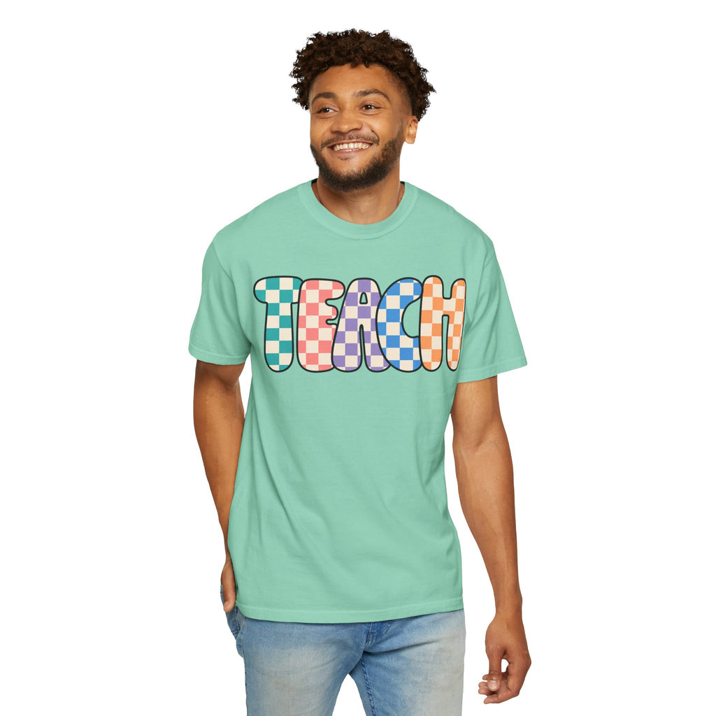 Teach Bubble Letters Checkerboard T-Shirt | Colorful Retro School Tee