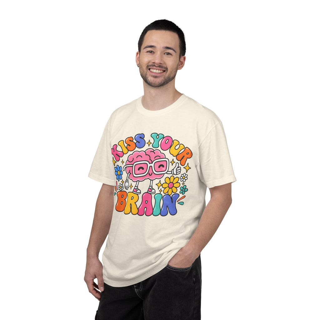 Kiss Your Brain BRI TEE | T-Shirt, Retro Cartoon Brain with Flowers