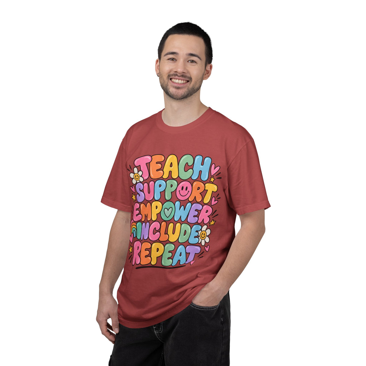 Teach Support Empower Include Repeat T-shirt | Rainbow Positivity Tee