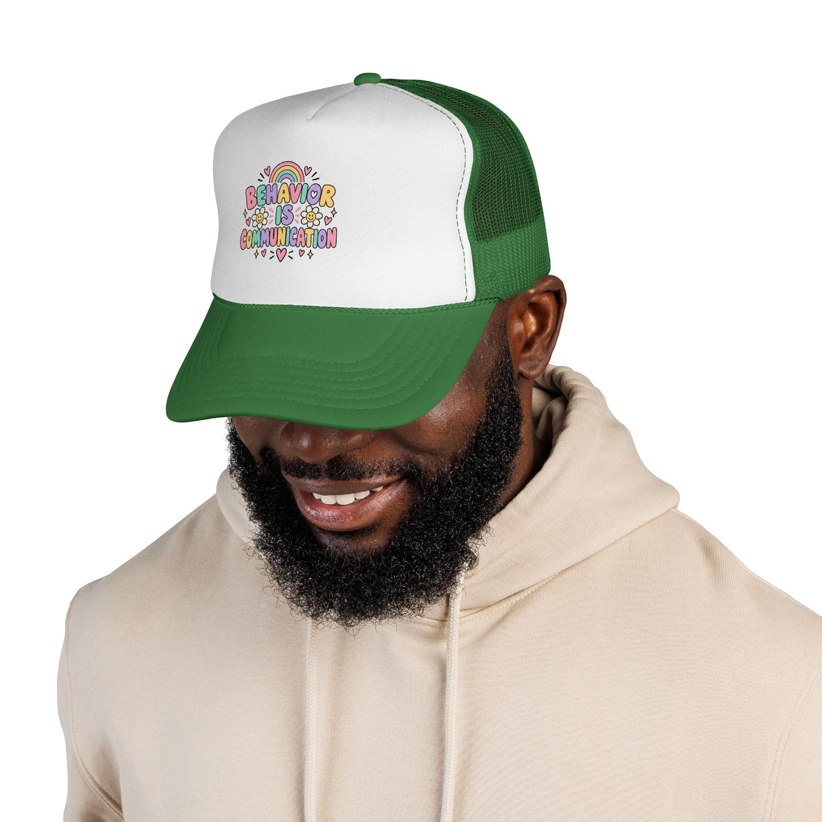 Behavior Is Communication Trucker Cap | Rainbow Floral Illustration