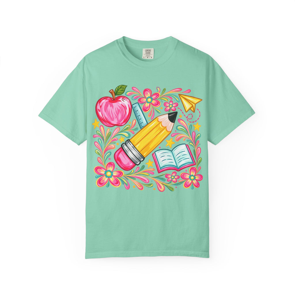 School Supplies Pencil Apple Floral T-shirt | Teacher Student Back to School