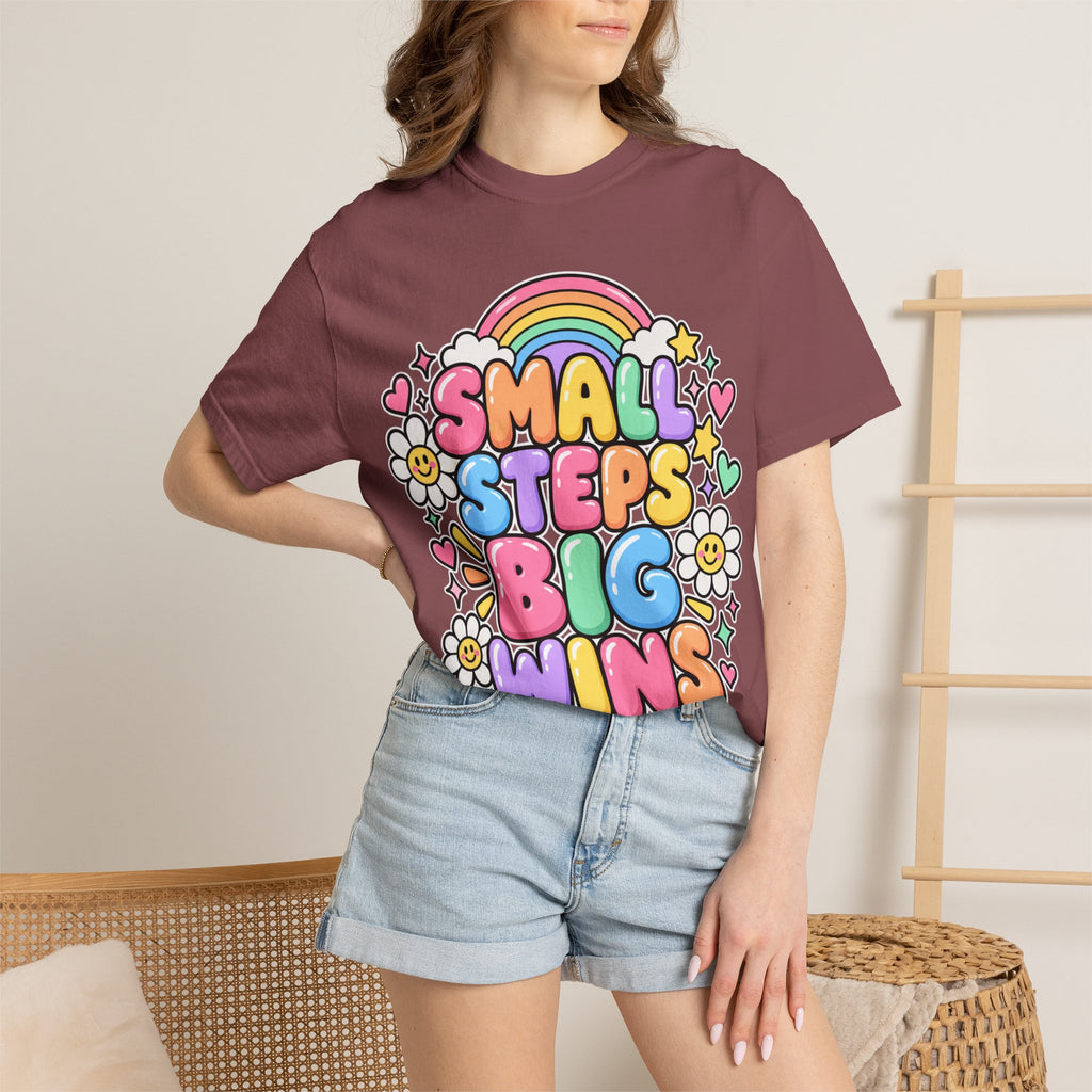 Small Steps Big Wins T-shirt | Retro Rainbow Positive Graphic