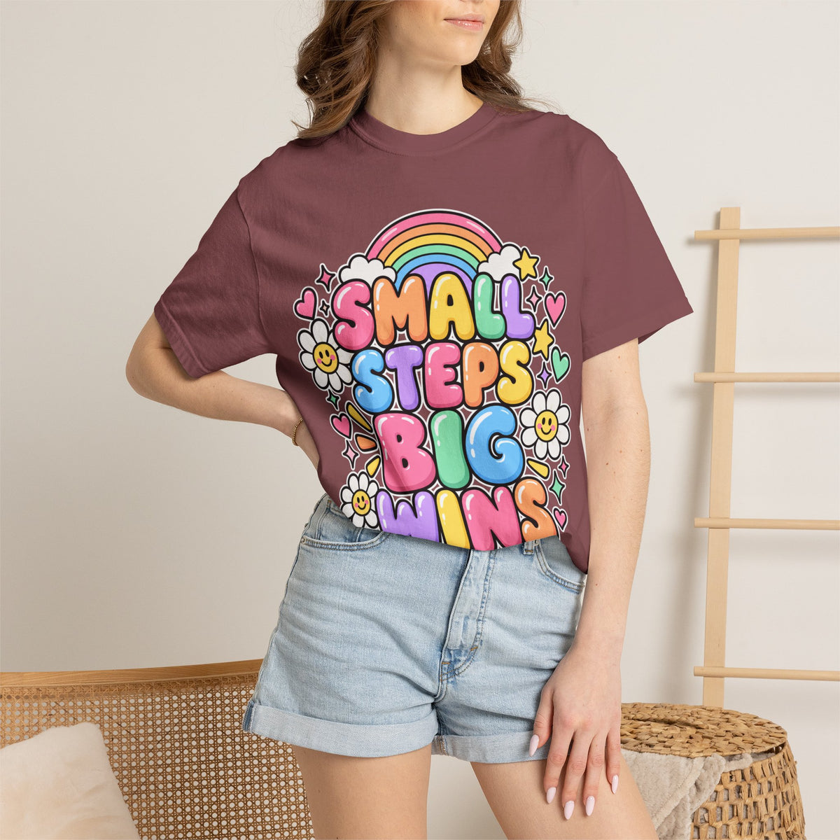 Small Steps Big Wins T-shirt | Retro Rainbow Positive Graphic
