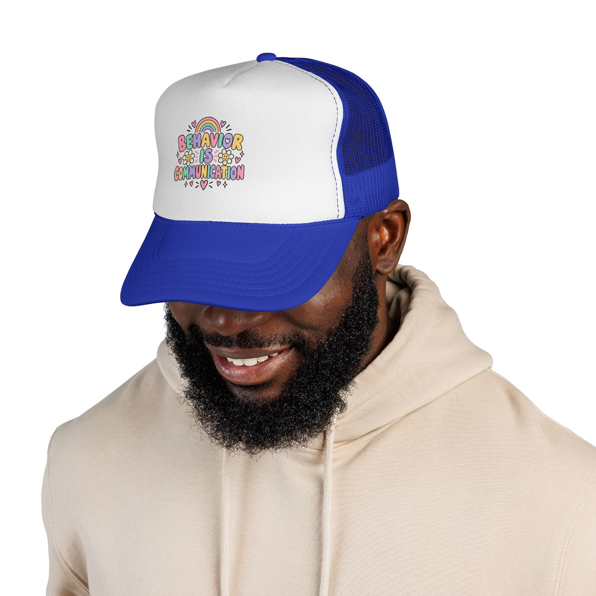 Behavior Is Communication Trucker Cap | Rainbow Floral Illustration