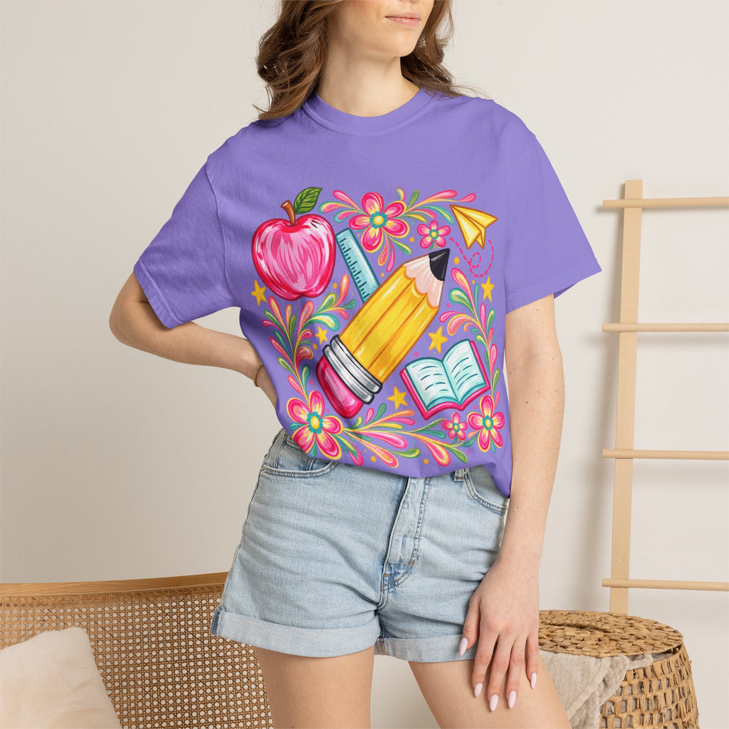School Supplies Pencil Apple Floral T-shirt | Teacher Student Back to School
