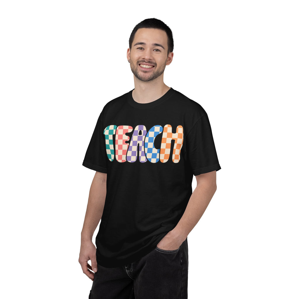 Teach Bubble Letters Checkerboard T-Shirt | Colorful Retro School Tee