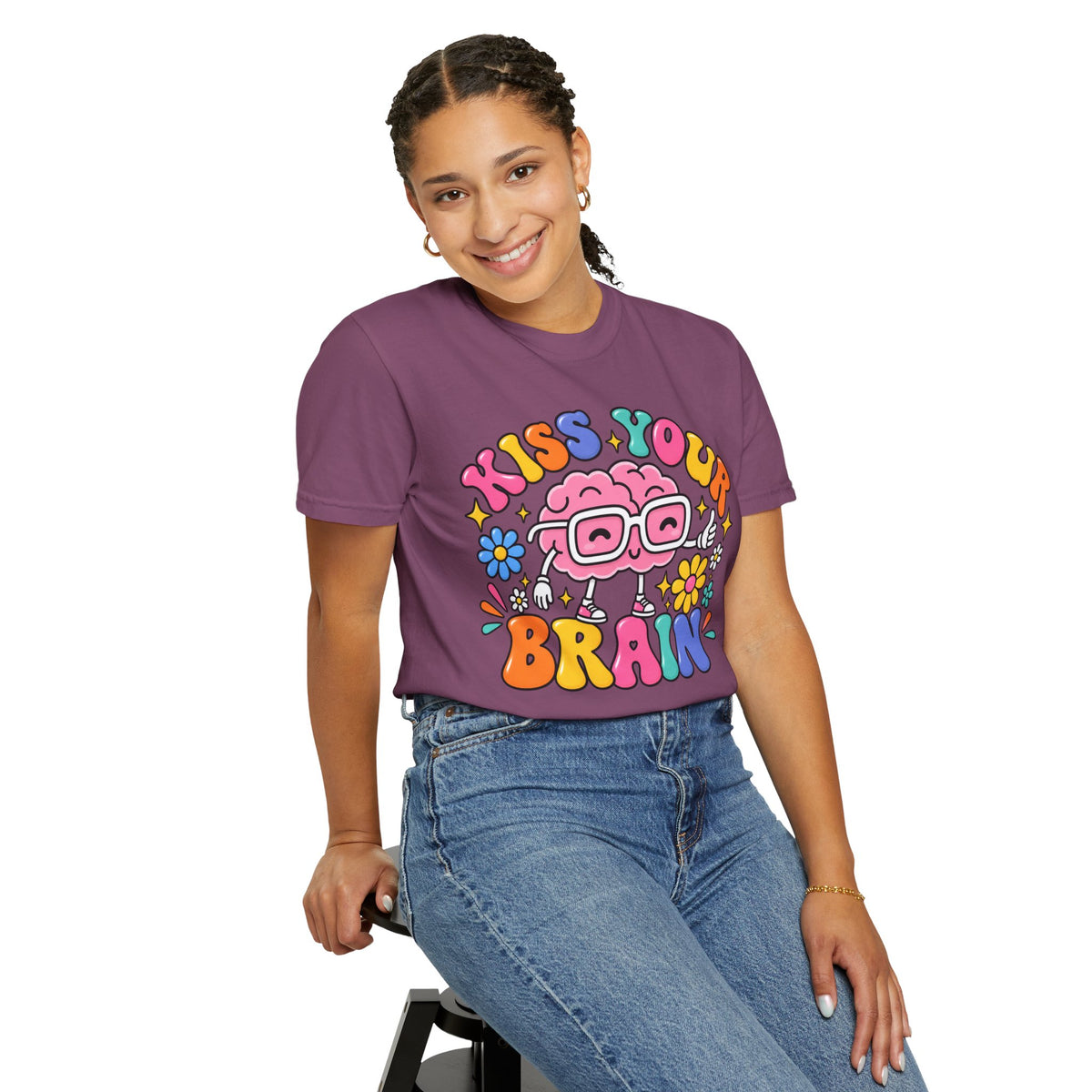 Kiss Your Brain BRI TEE | T-Shirt, Retro Cartoon Brain with Flowers