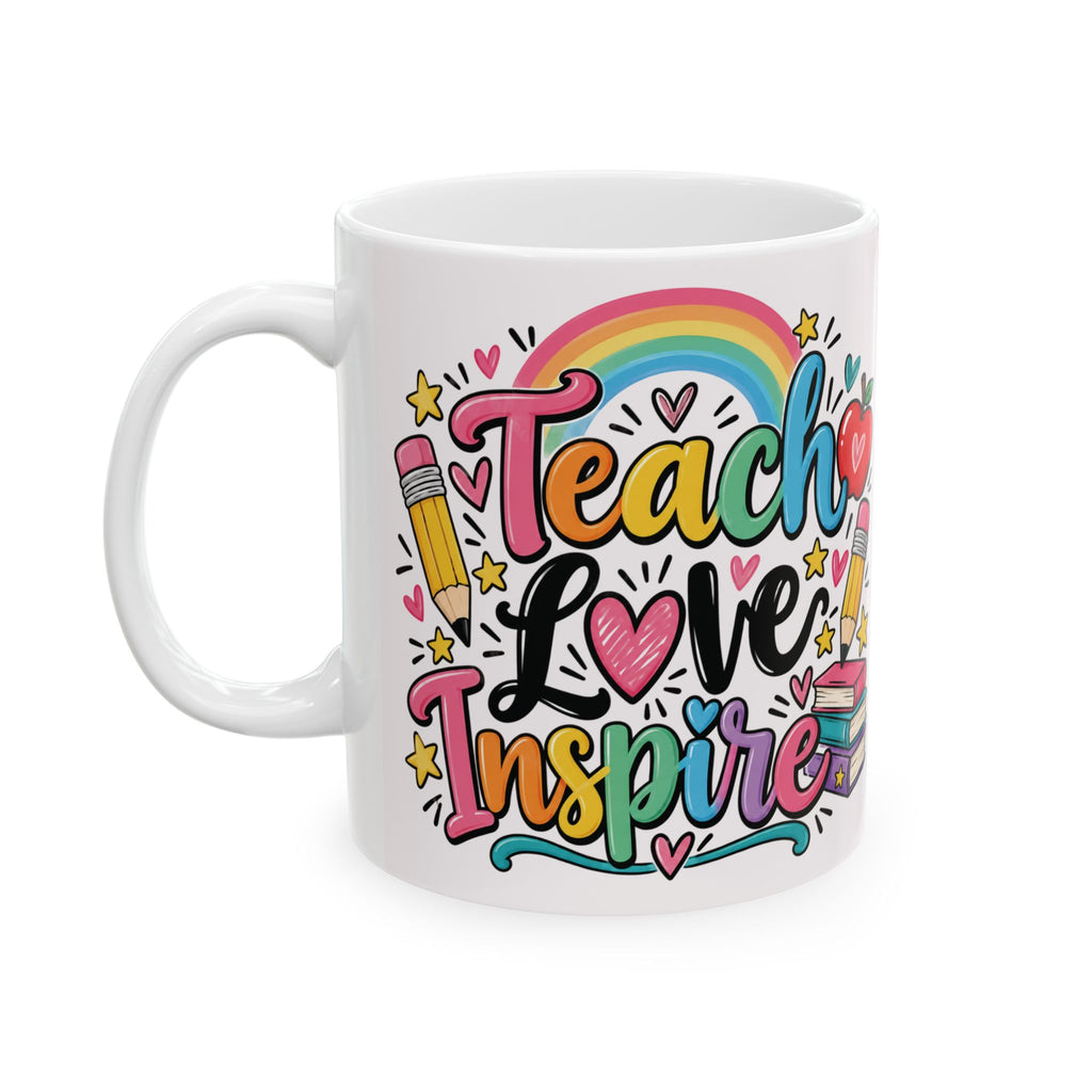 Teacher Love Inspire Mug | Cute Rainbow Pencil Apple Books Design