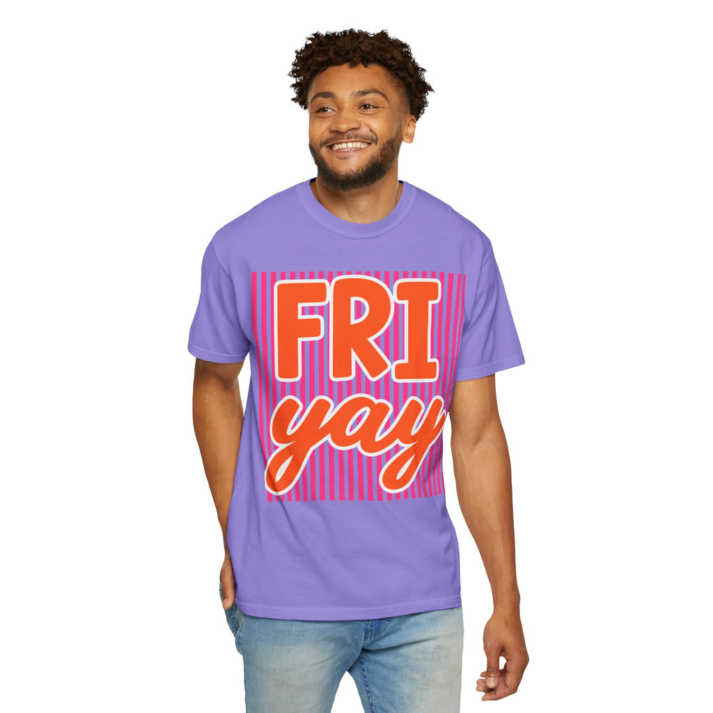 FRI yay T-shirt | Bright Retro Text, Pink Stripes