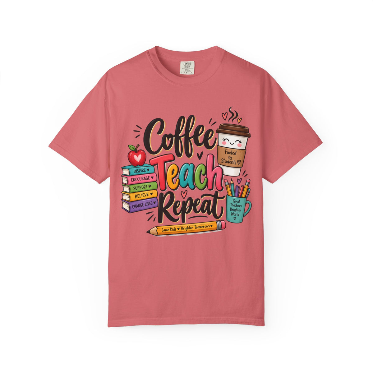 Coffee Teach Repeat T-shirt | Teacher Coffee Book Stack Pencil Mug Design