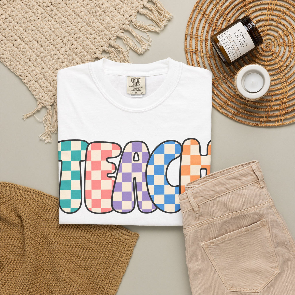 Teach Bubble Letters Checkerboard T-Shirt | Colorful Retro School Tee