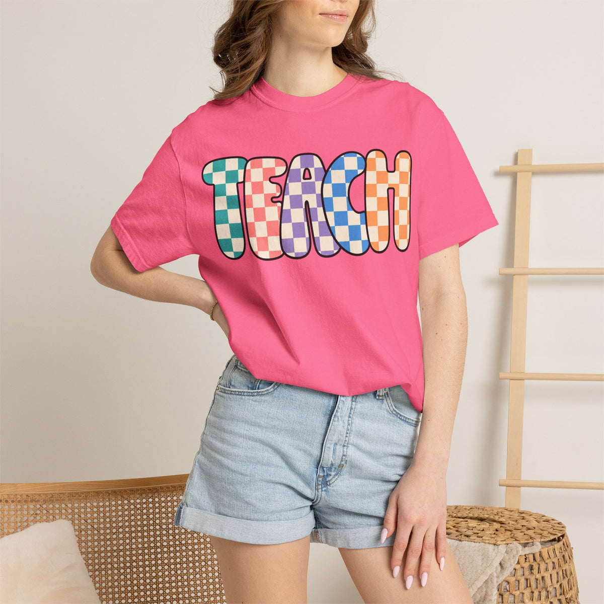 Teach Bubble Letters Checkerboard T-Shirt | Colorful Retro School Tee