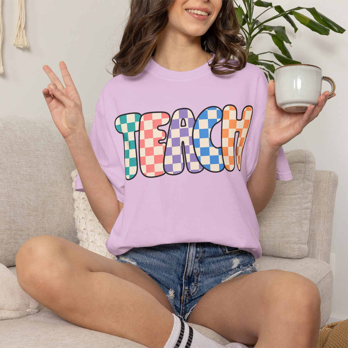 Teach Bubble Letters Checkerboard T-Shirt | Colorful Retro School Tee
