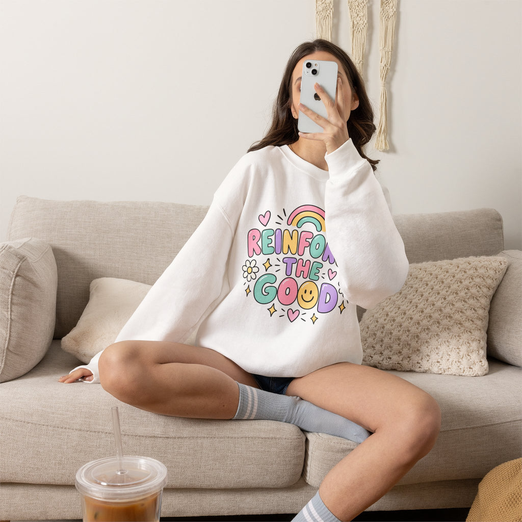 Reinforce the Good Crewneck | Rainbow Heart Daisy Positive Message Sweatshirt