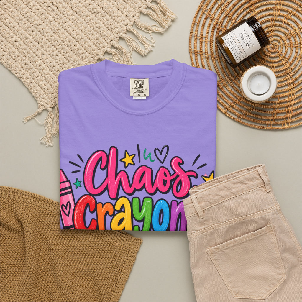 Chaos Crayons & Confidence T-shirt | Colorful Crayon School Art Tee