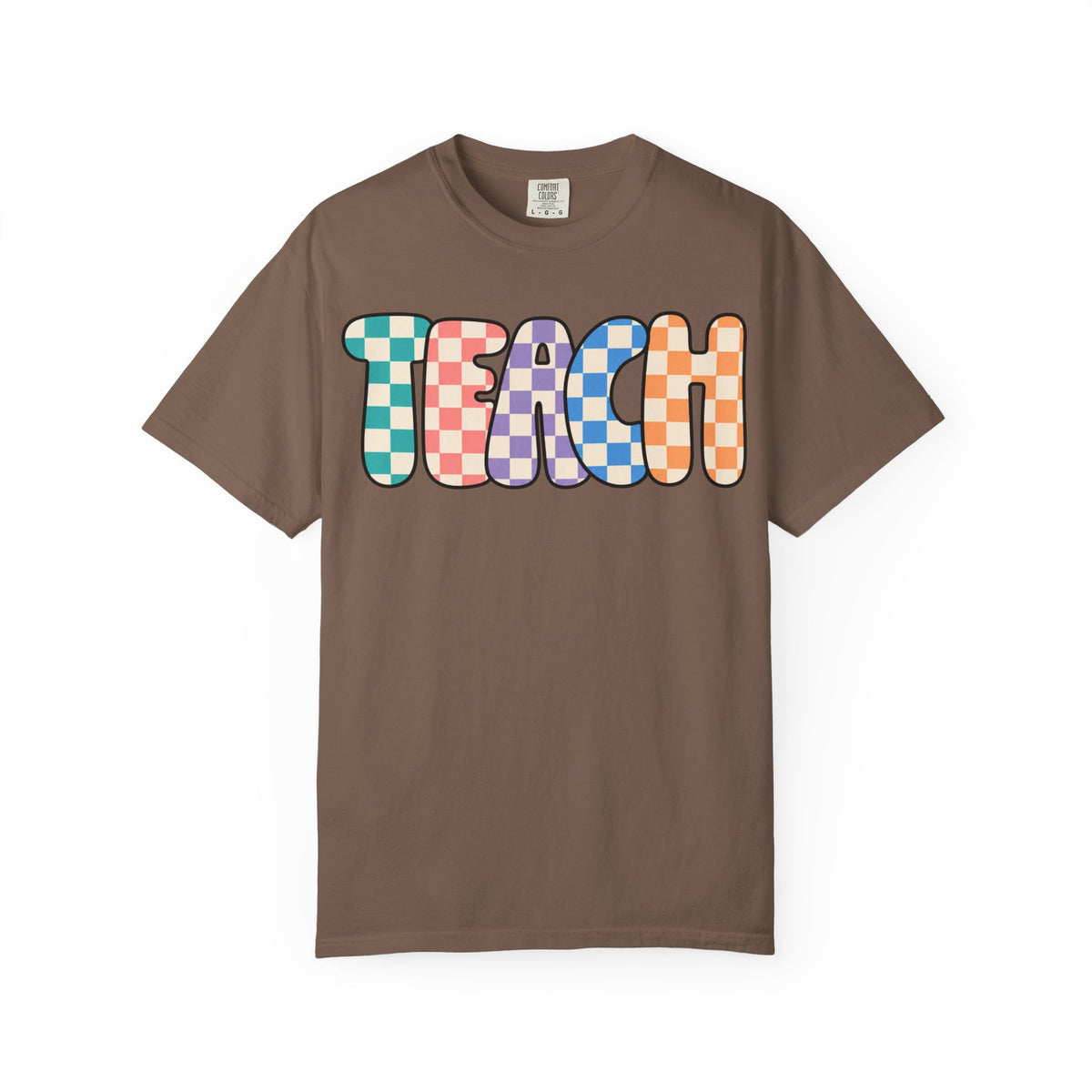 Teach Bubble Letters Checkerboard T-Shirt | Colorful Retro School Tee