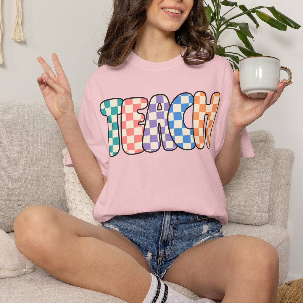 Teach Bubble Letters Checkerboard T-Shirt | Colorful Retro School Tee