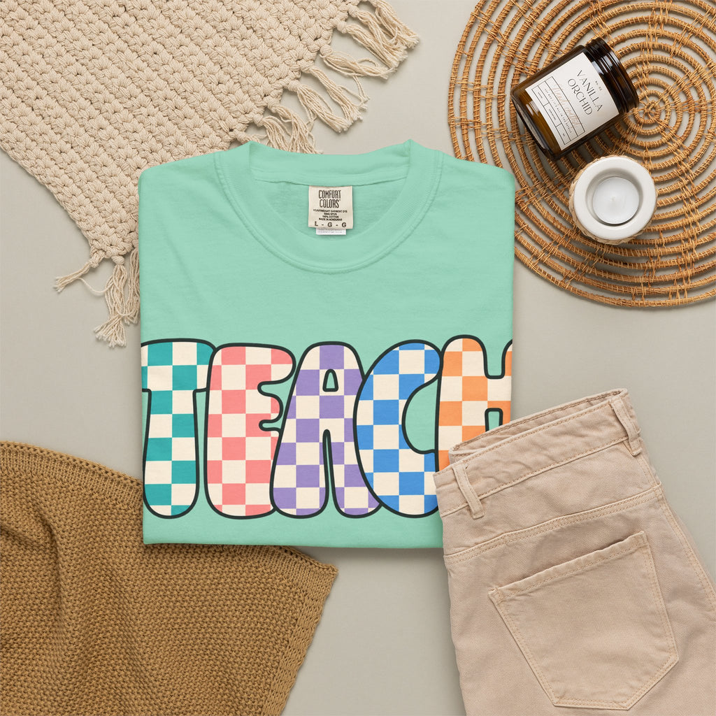 Teach Bubble Letters Checkerboard T-Shirt | Colorful Retro School Tee
