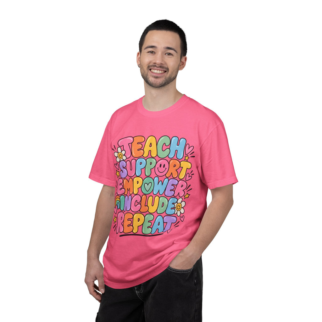 Teach Support Empower Include Repeat T-shirt | Rainbow Positivity Tee