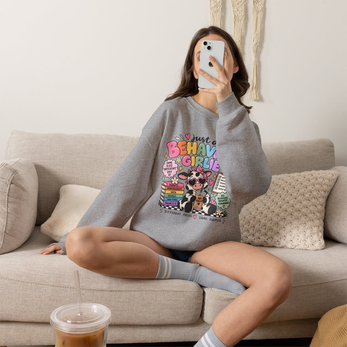 Just a Behavior Girl Crewneck Sweatshirt | Cute Cow Character, Books & Therapy Icons