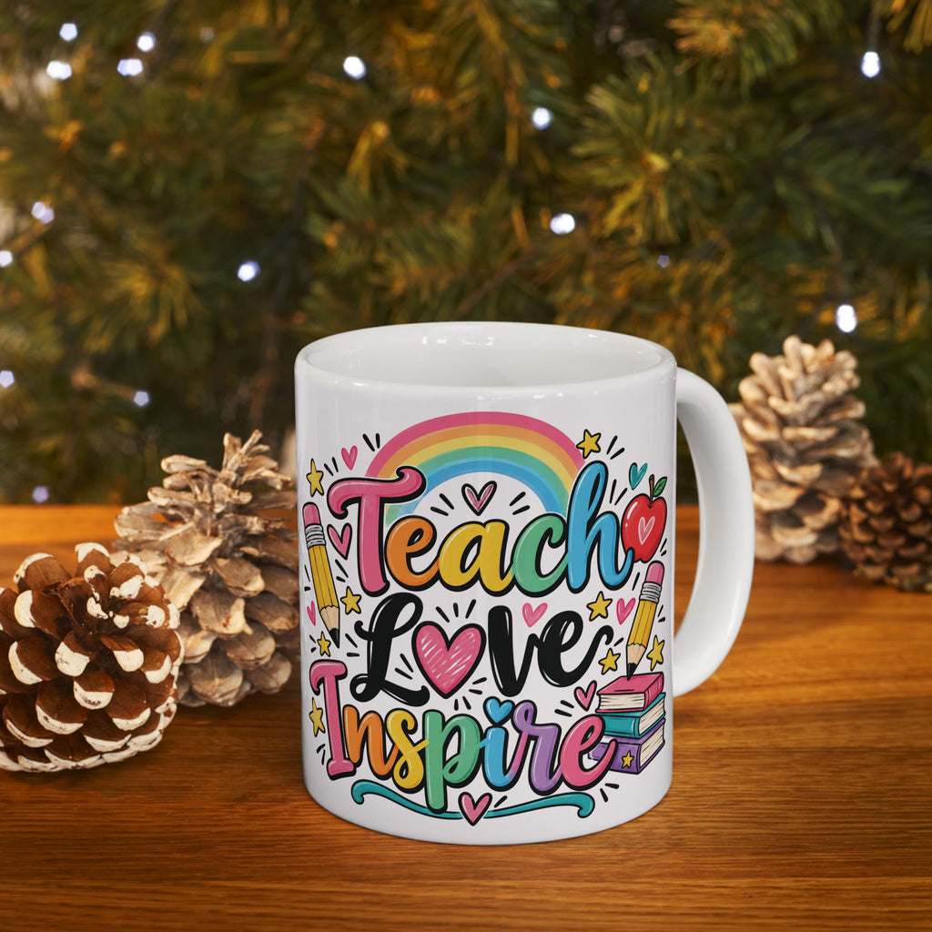 Teacher Love Inspire Mug | Cute Rainbow Pencil Apple Books Design
