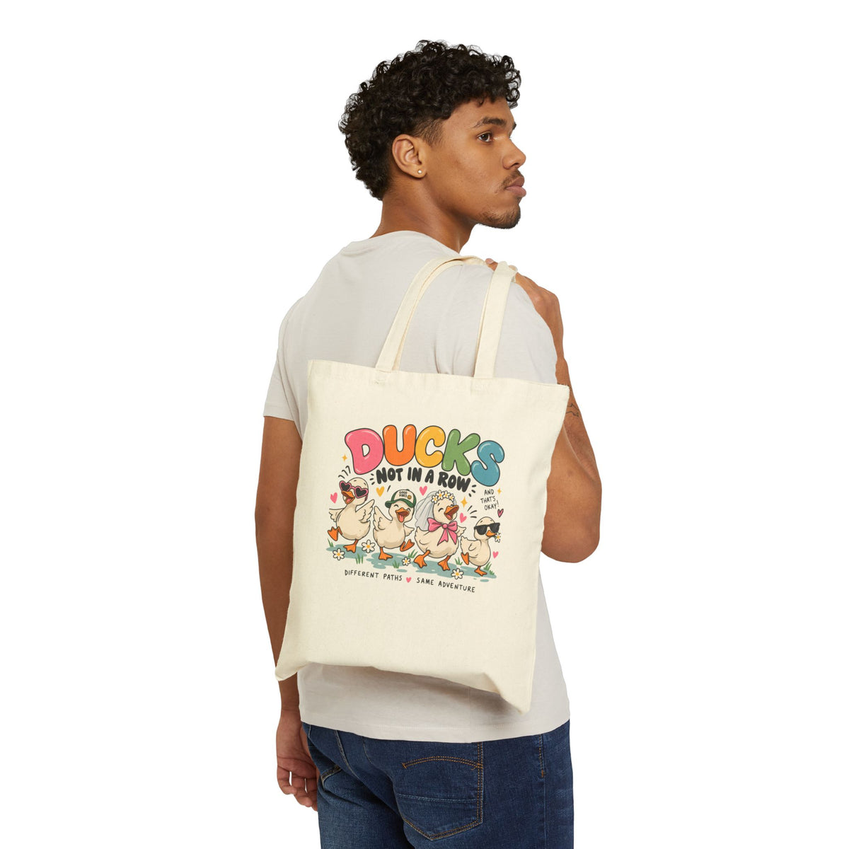 Ducks Not In A Row Tote Bag | Cartoon Ducks Canvas Tote