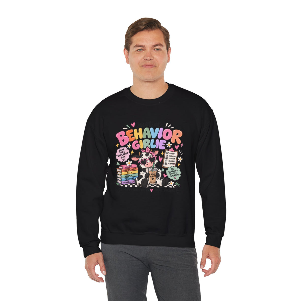 Just a Behavior Girl Crewneck Sweatshirt | Cute Cow Character, Books & Therapy Icons