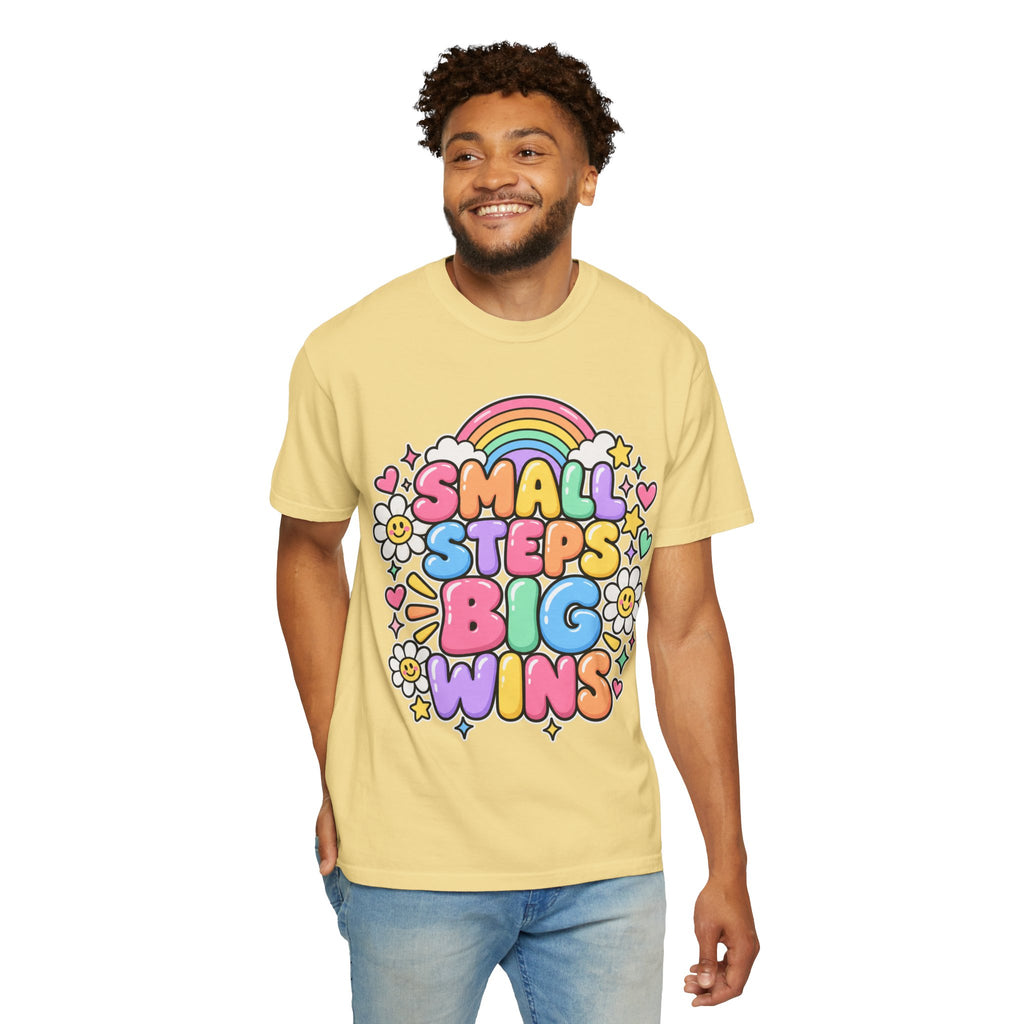Small Steps Big Wins T-shirt | Retro Rainbow Positive Graphic