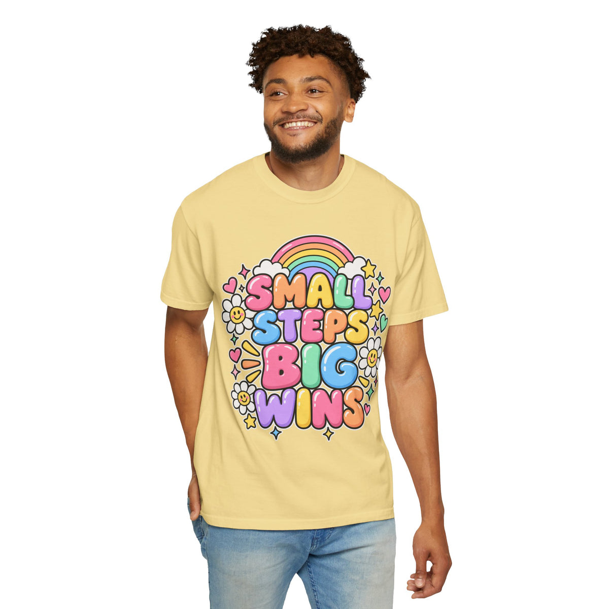 Small Steps Big Wins T-shirt | Retro Rainbow Positive Graphic