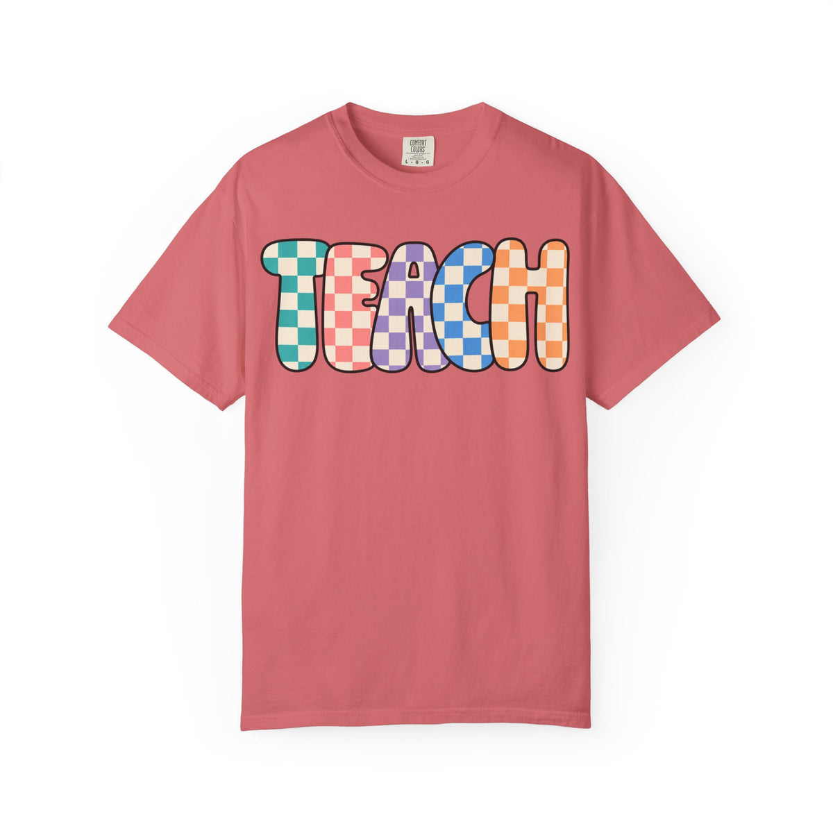 Teach Bubble Letters Checkerboard T-Shirt | Colorful Retro School Tee