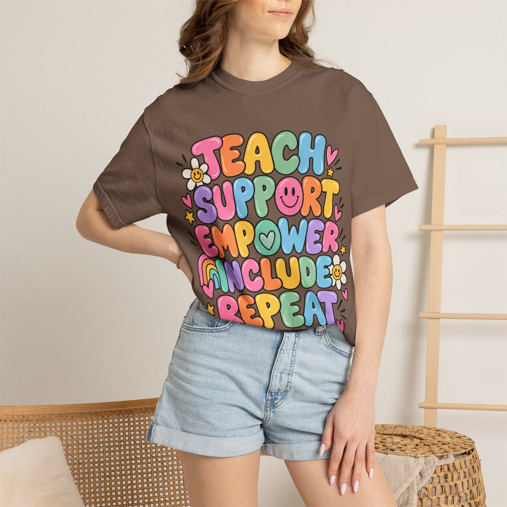 Teach Support Empower Include Repeat T-shirt | Rainbow Positivity Tee