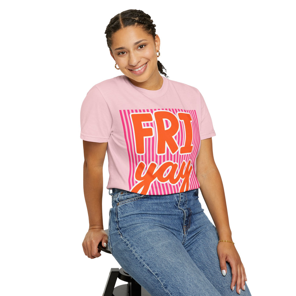 FRI yay T-shirt | Bright Retro Text, Pink Stripes