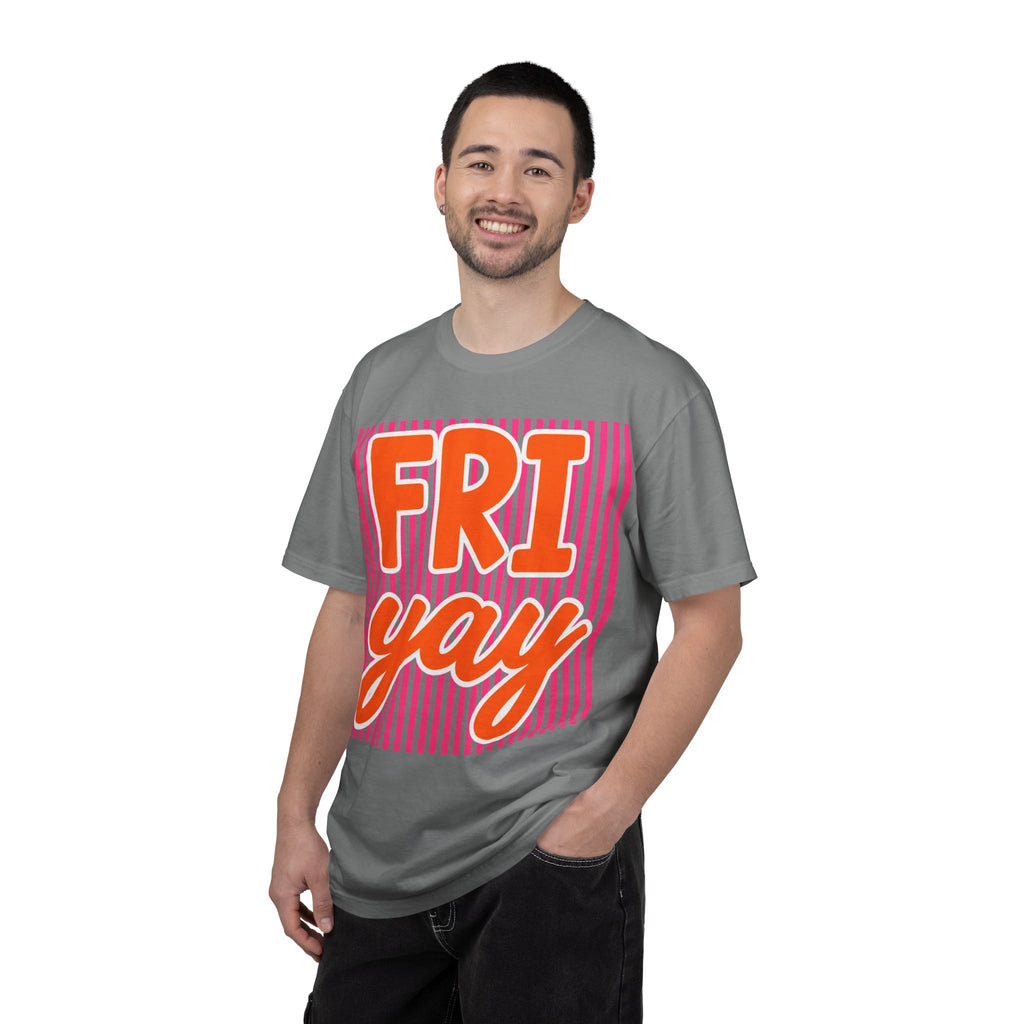 FRI yay T-shirt | Bright Retro Text, Pink Stripes